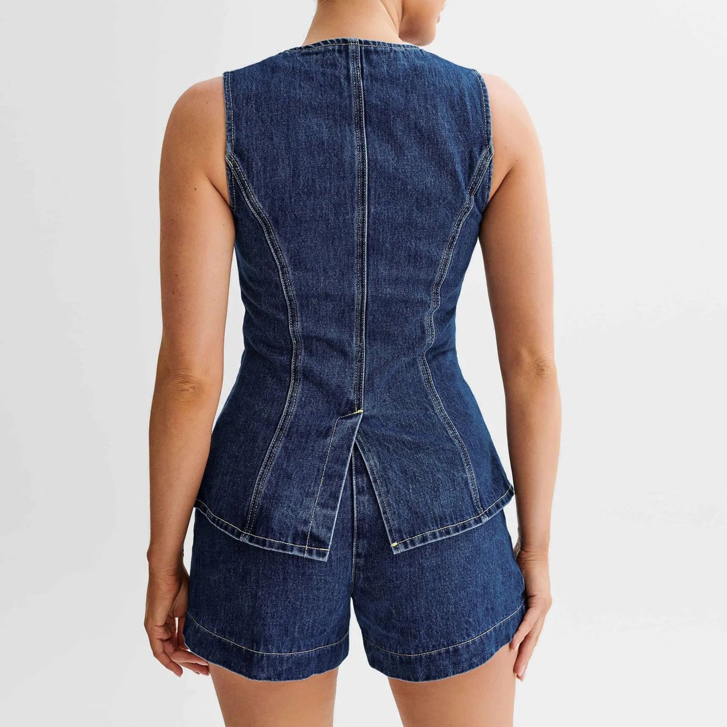 JO Y2K Vintage Retro Denim Long Vest Tops Back Slit Sleeveless with Pocket Round Neck