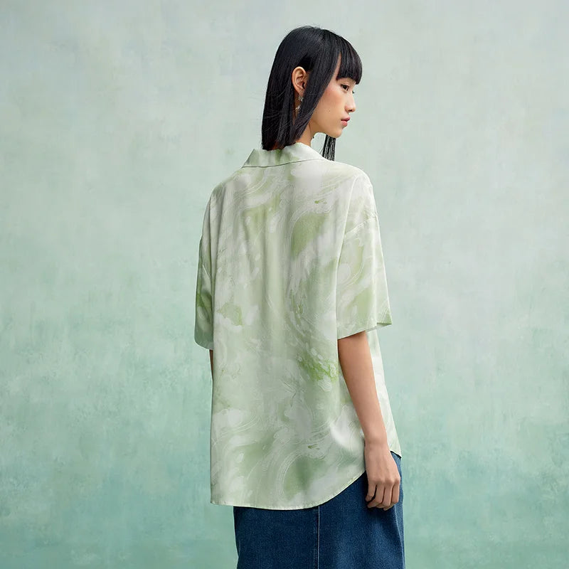 Short Sleeve Shirt Mid-length Loose Cuban Collar Full-print Blouse