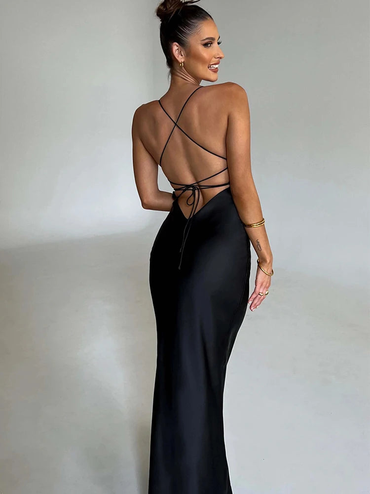 Awy BC Satin Backless Lace Up Mermaid Slip Dress