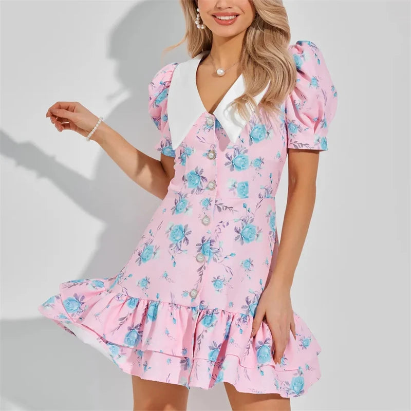 Nova Print Puff Sleeves Ruffled V-Neck High Waist Pearl Dress