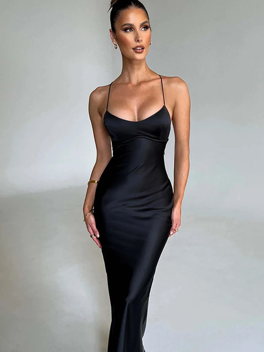 Awy BC Satin Backless Lace Up Mermaid Slip Dress