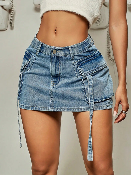 Ribbon Cargo Denim Mini Skirt Free Clothing