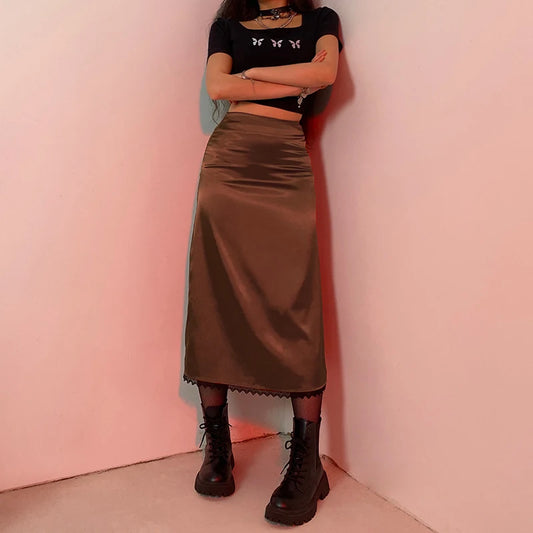 Ava Straight Long High-waisted Satin Skirt