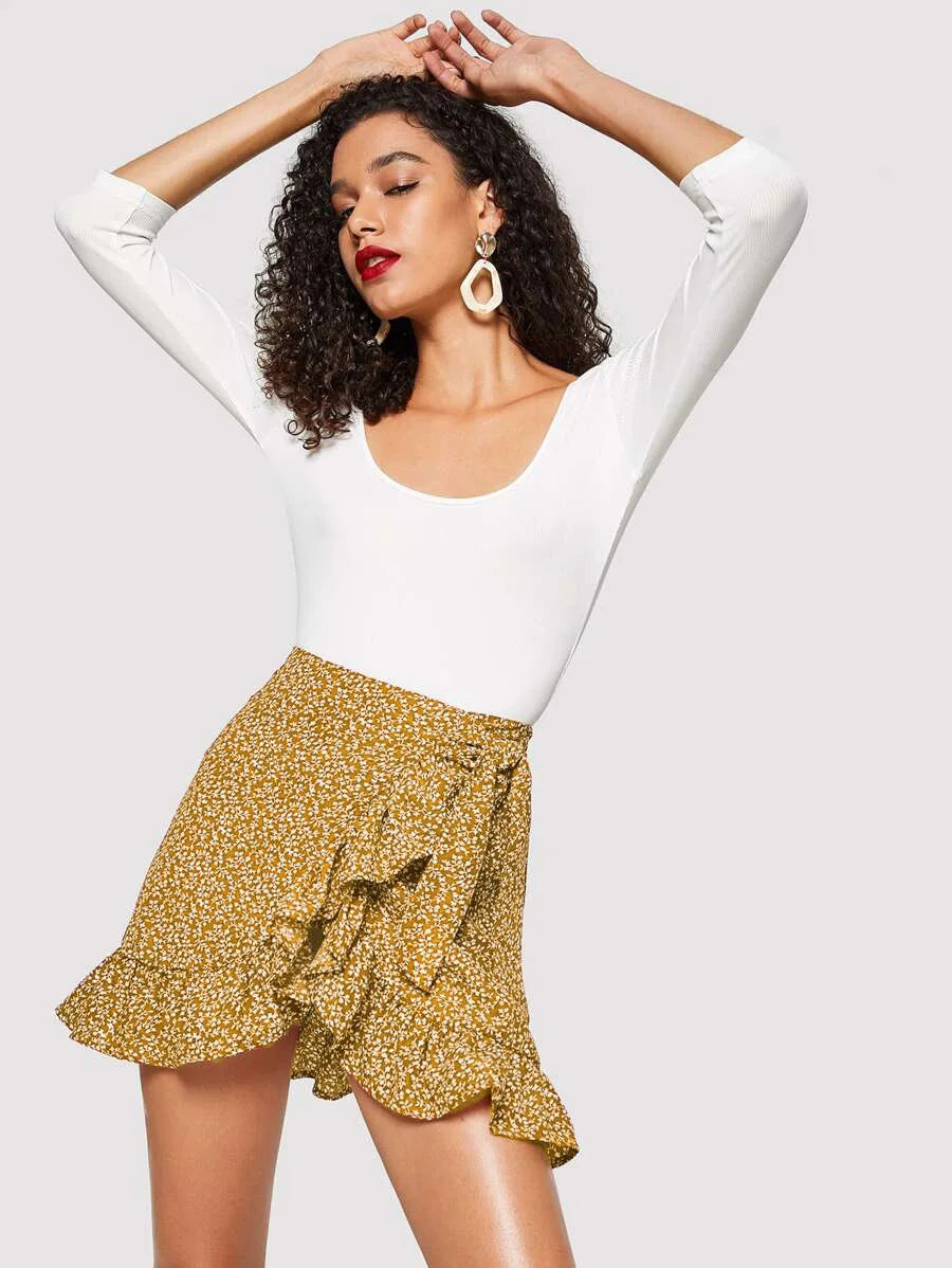 Kalia High-waist lace-up ruffled irregular print zipper skirt