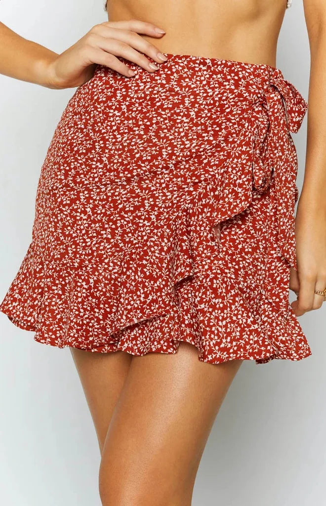 Kalia High-waist lace-up ruffled irregular print zipper skirt