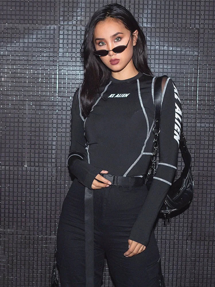 Syl Mesh Half Turtleneck Letter Print Long Sleeve T-Shirt