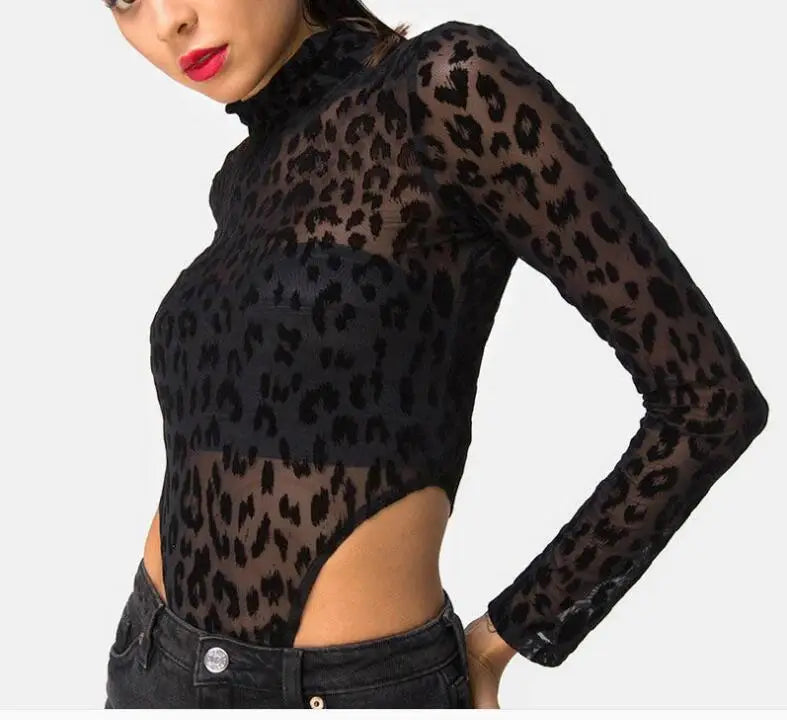 BC Leopard Mesh Transparent Bodysuits Mock Neck Wild Animal Print