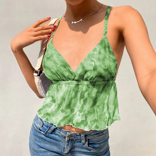 Strap Mesh Sheer V-neck Open Back Criss Cross Lace-up Bandage Top