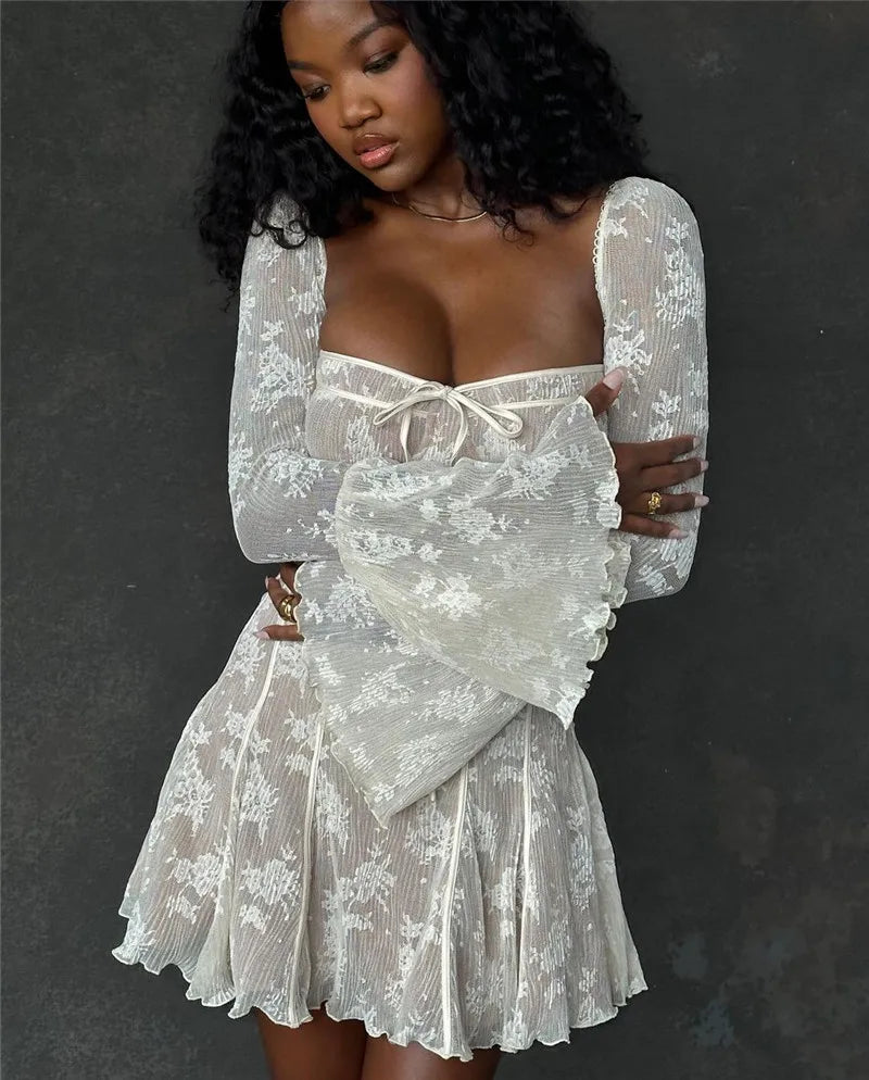 MZ Square Collar Long Sleeve Backless Loose Lace Dress