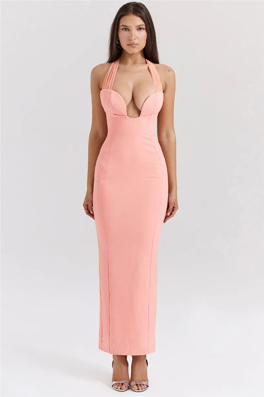 Mozi Strapless Halter Cut Out Sleeveless Backless  Long Elegant Dress