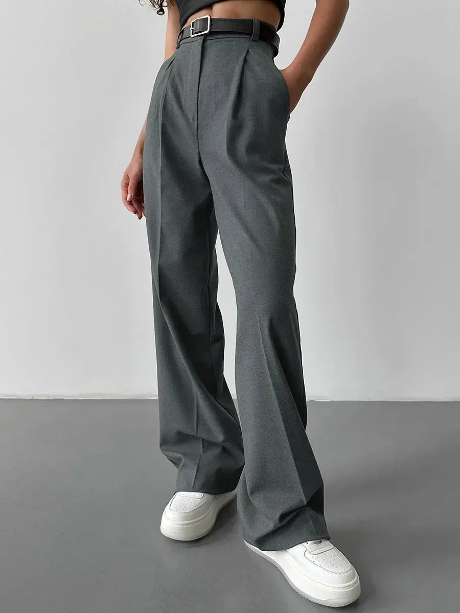 Wolf Full Length Trousers High Waist Pants Pockets Pleated Wide Leg