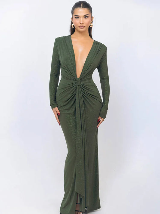 BC Talli Elegant Long Sleeve Elastic Tight  Deep V-Fold Lace Dress
