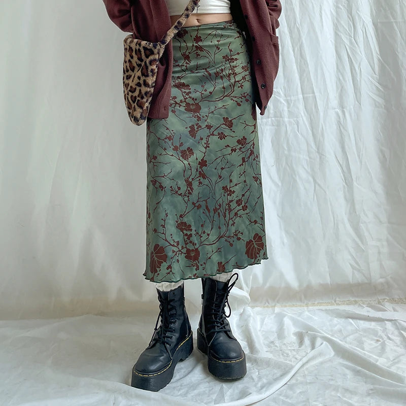 Suk y2k Vintage Floral Printing Midi Skirt