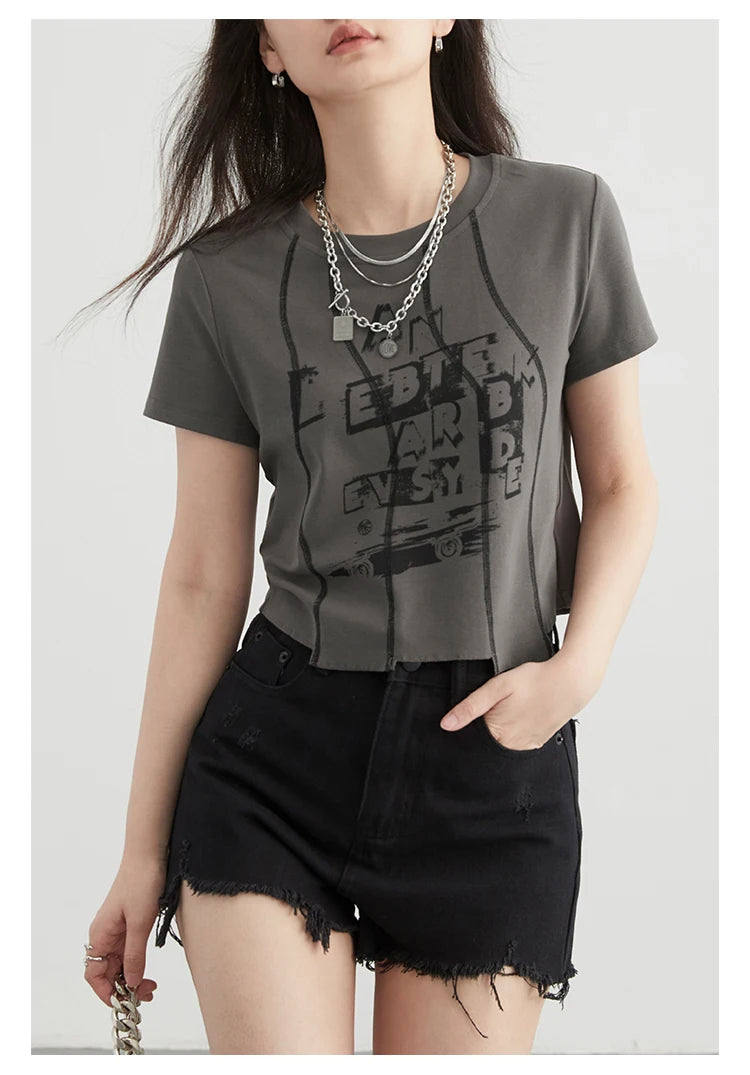 Elsy Slim Irregular Segmentation Letter Printed Short Sleeved T-Shirt
