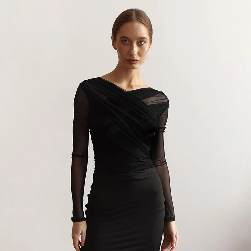 BG Cross Neck Crop Top Mesh
See-Through Pleated Long Sleeve