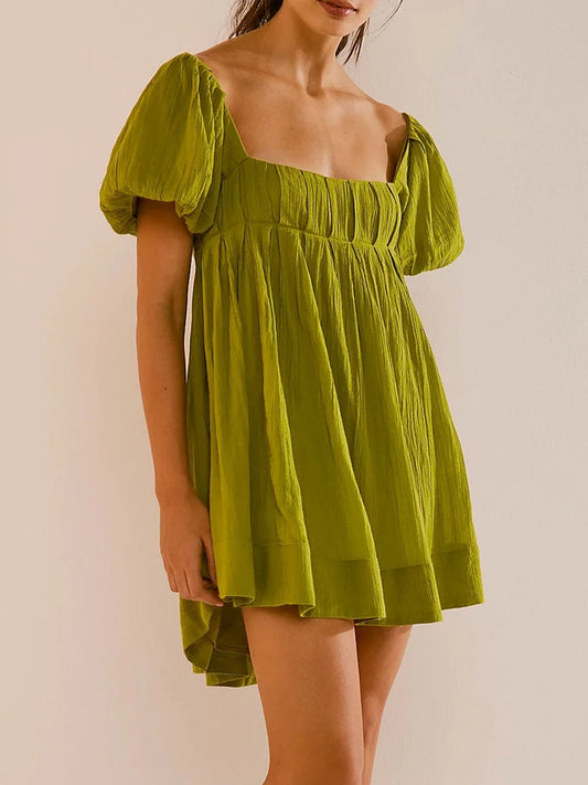 Barb Y2k Puff Sleeve Short Dress Square Neck Tie Back Mini Dress