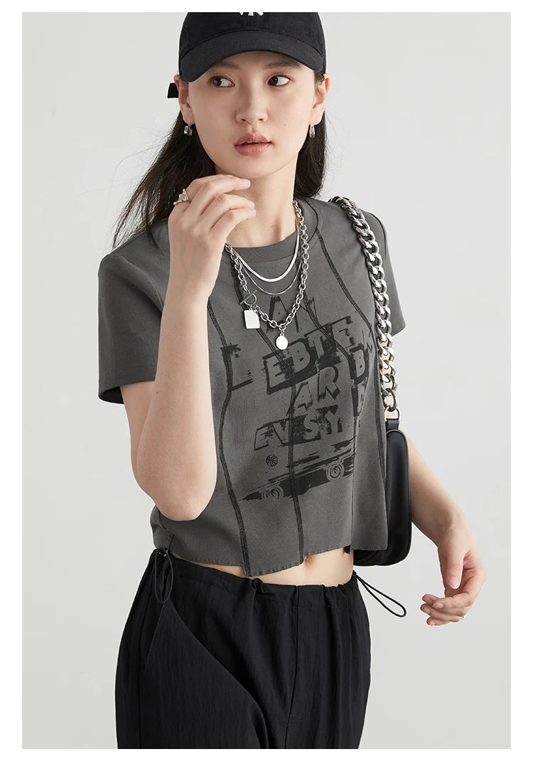Elsy Slim Irregular Segmentation Letter Printed Short Sleeved T-Shirt