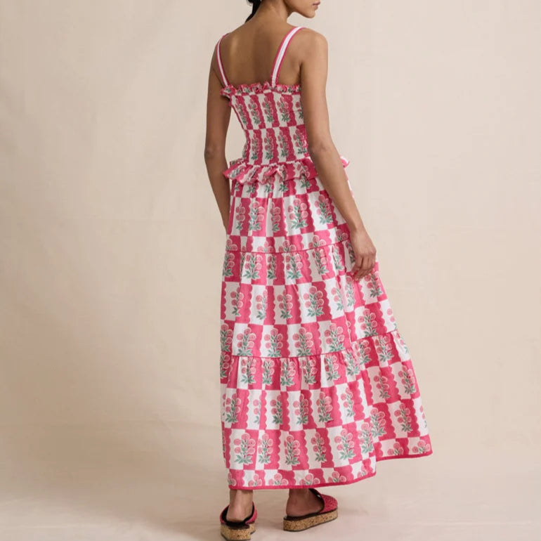 Lamusa Floral Ruffle Square Collar Sleeveless High Waist Tiered Long Dress