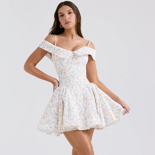 Sunheart Floral Print Off The Shoulder Tulle Dress A Line