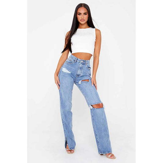 Y2K Hole Jeans Side Slit Straight High Waist Denim