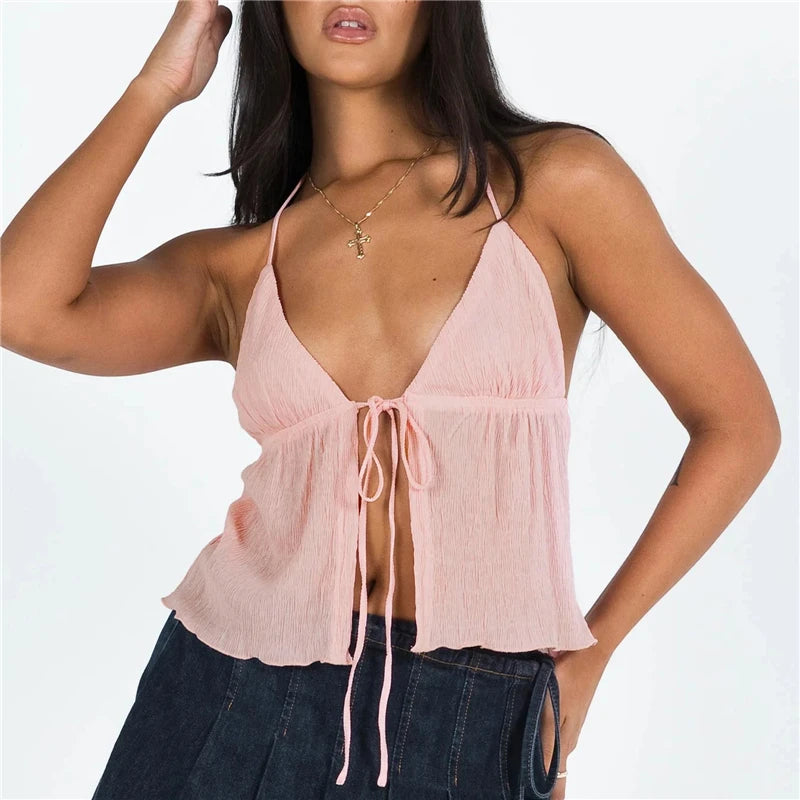 Fali Cami Top Bowknot Lace-Up Sleeveless Cropped Off Shoulder