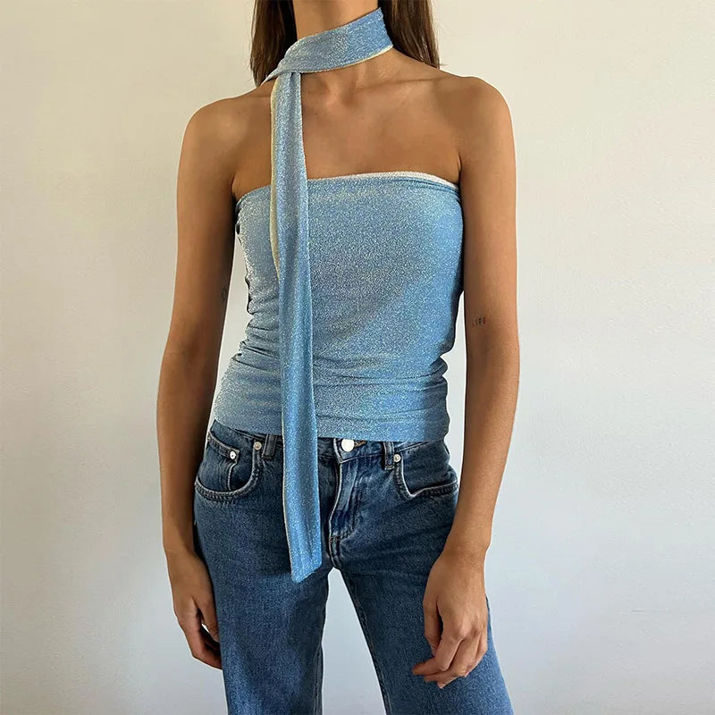 Noya Glitter Tube Top with Scarf Y2k