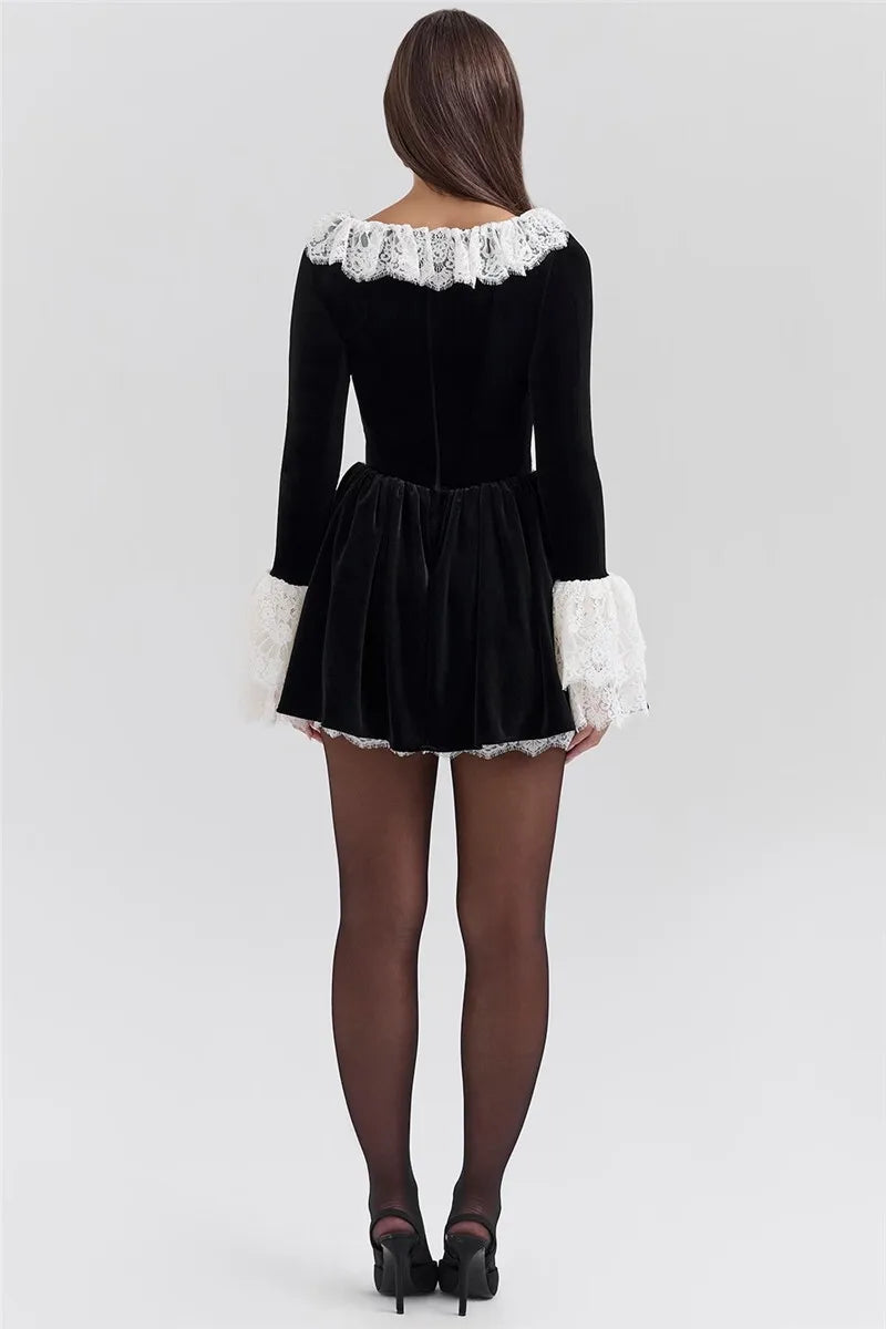 MUA Lace Flare Long Sleeve Square Collar High Waist Pleated Mini Dress Elegant