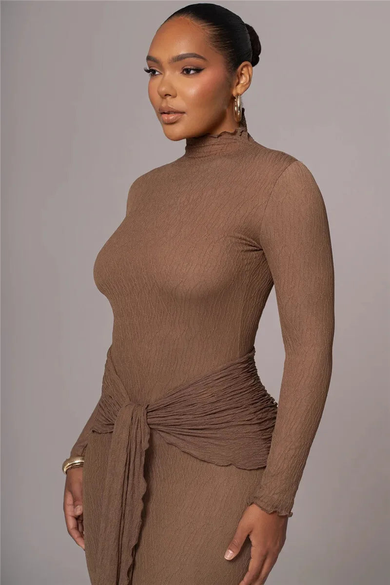 MUA Elegant Long Sleeve Drape Turtleneck Ruched Long Dress