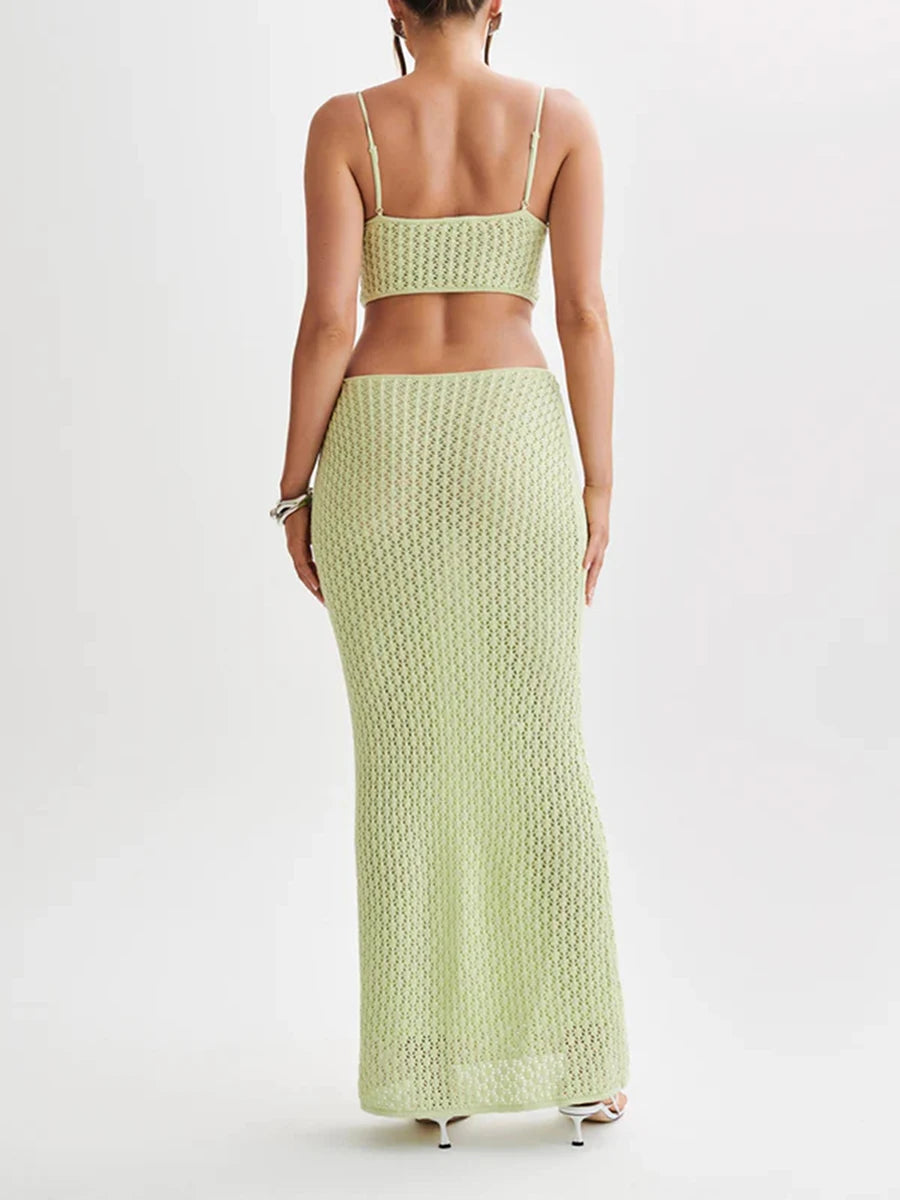 Cyndy Crochet Strap Knit Cut Out Backless See-Through Maxi Dress