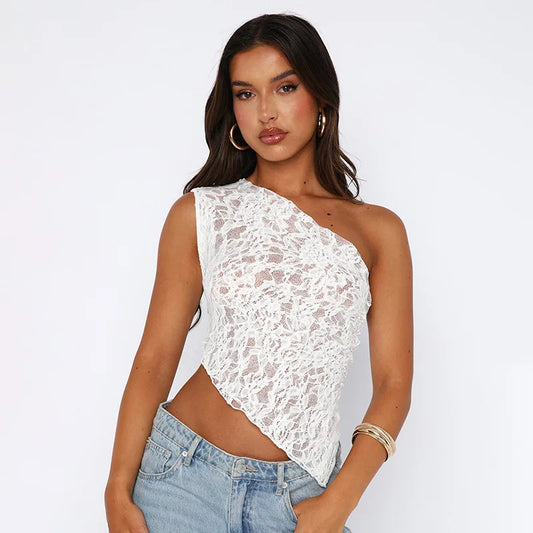 Paige Sheer Lace Mesh Crop Top Asymmetrical Tie-Up Shoulder