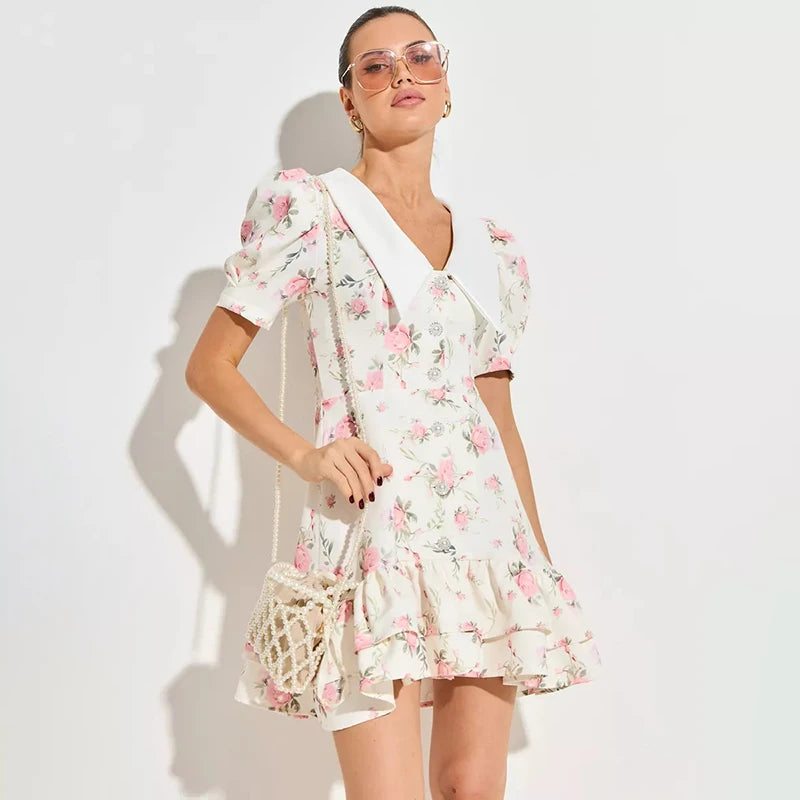 Nova Print Puff Sleeves Ruffled V-Neck High Waist Pearl Dress