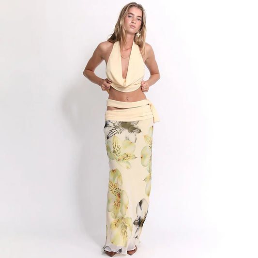 Tara Skirt Set Backless Halter Top Printed High Waist Skirt