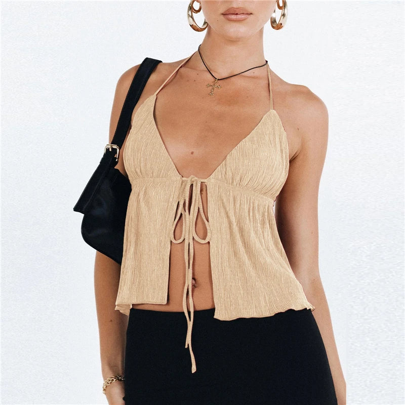 Fali Cami Top Bowknot Lace-Up Sleeveless Cropped Off Shoulder
