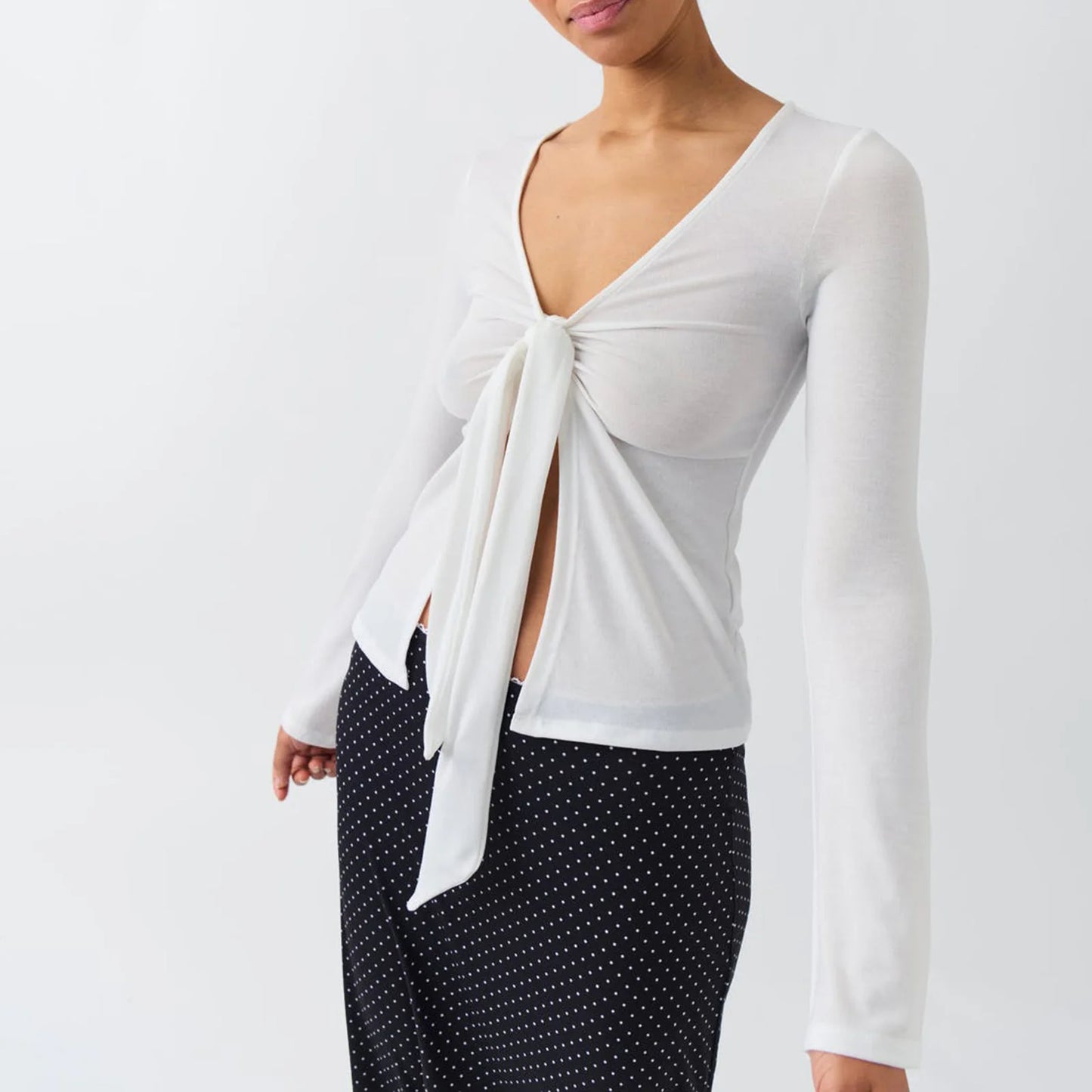 Comb Y2K Vintage Slim Fit Tops Long Sleeve Twist Tied V Neck Front Split