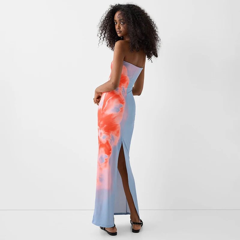 BC Print Tube Off Shoulder Backless Stretch Long Sundress