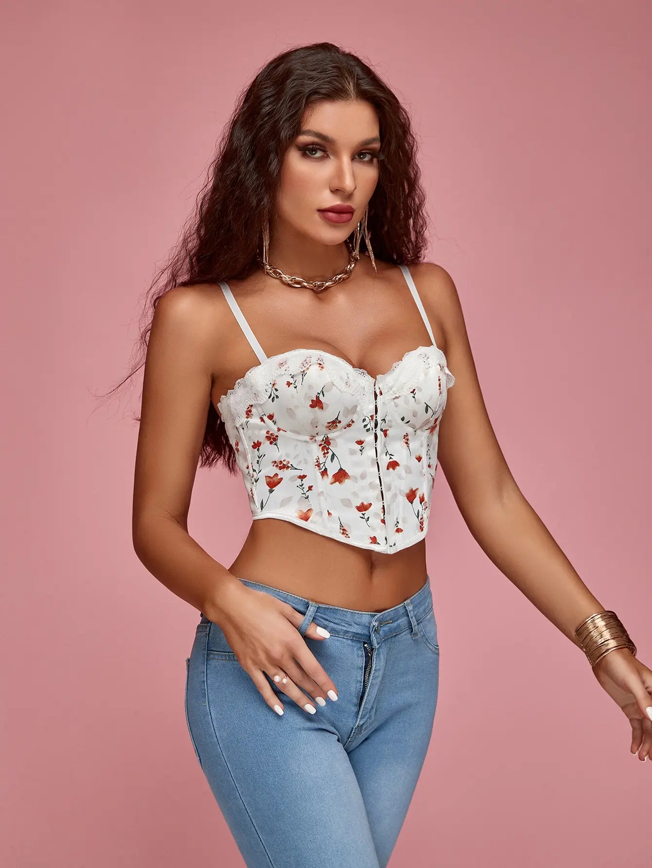 Ammi Floral Fishbone Corset Cropped Top