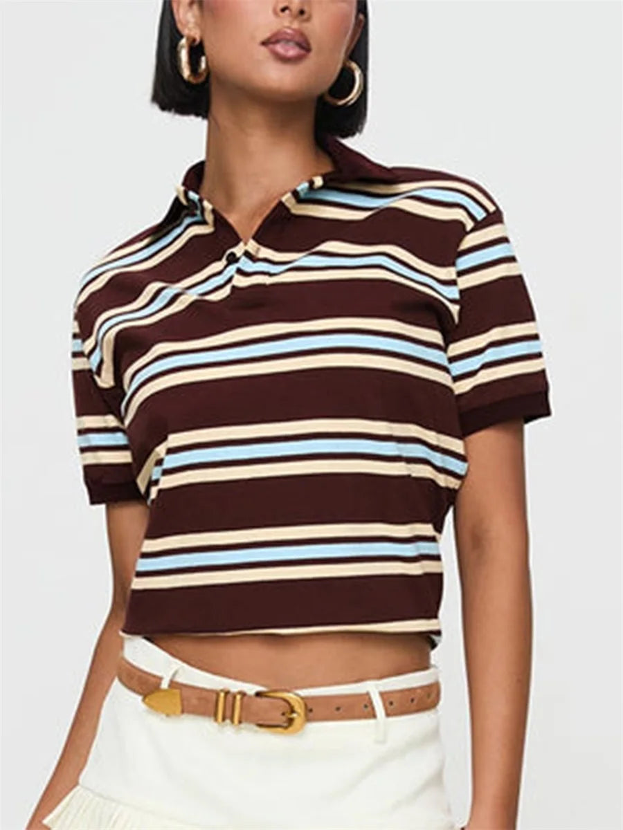 Bia Casual Striped Print Lapel Short Sleeve T-shirt