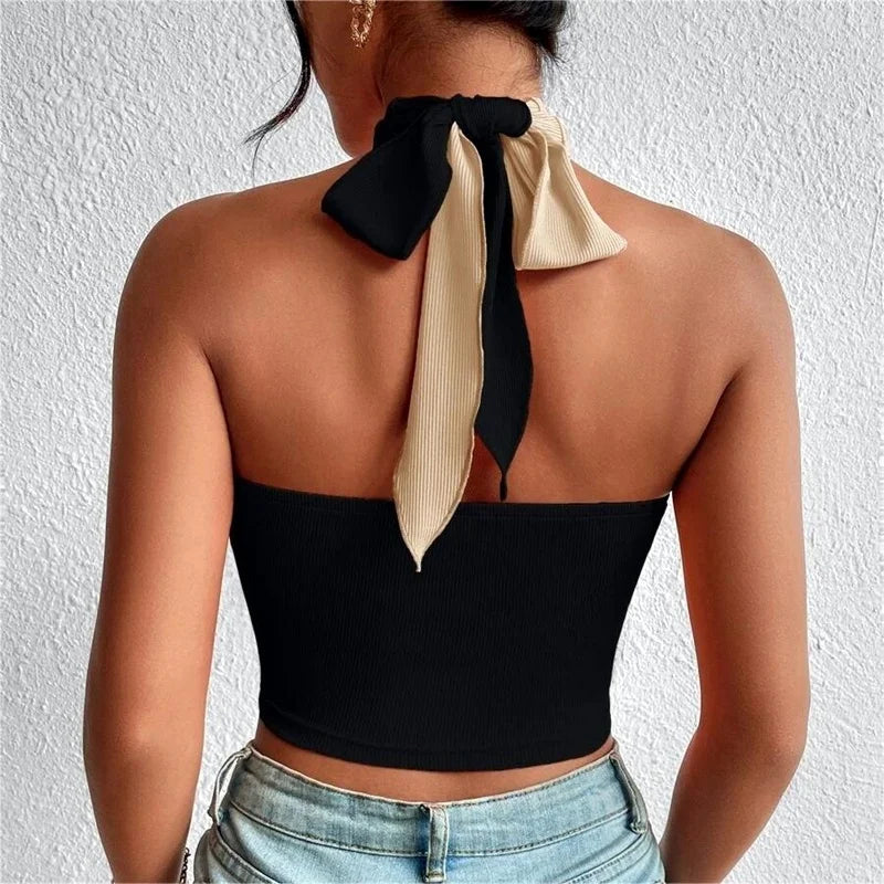 SW Cross Halter Neck Straps Hollow Crop Tops