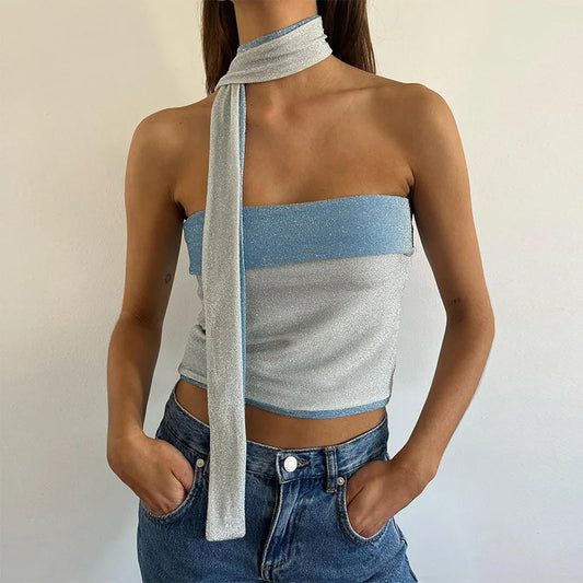 Noya Glitter Tube Top with Scarf Y2k