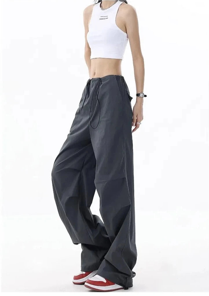 High Waist Drawstring Long Wide Leg Trousers