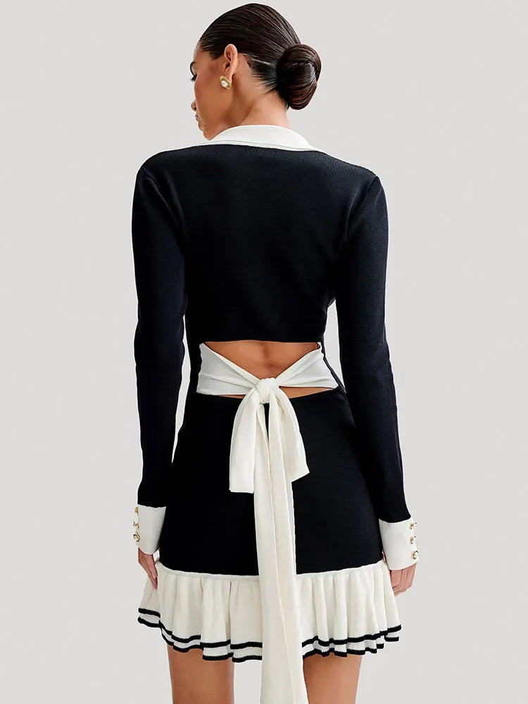 Trea Ruffled Bow Knit Backless Contrast Cardigan Lace-Up Bandage Dress