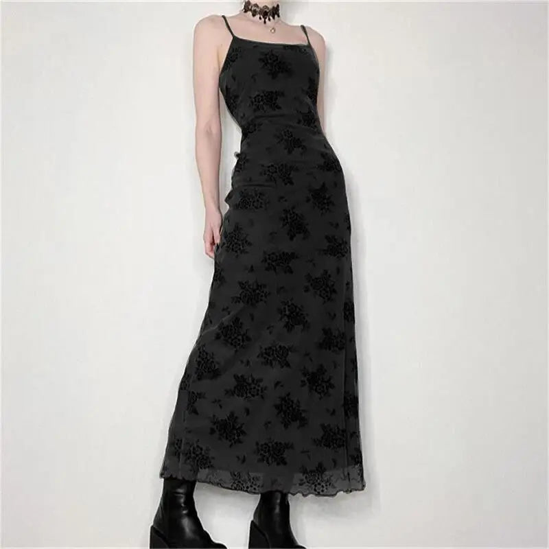 Lolita Floral Print Sleeveless Mesh Patchwork Dress