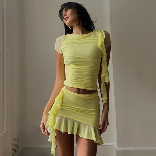 zephyr Mesh 2 Piece Set Ruched Skirt Outfit