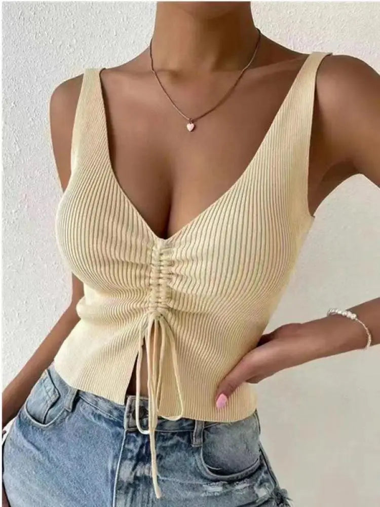 BC  Drawstring Front Ribbed Knit V Neck Sleeveless Top