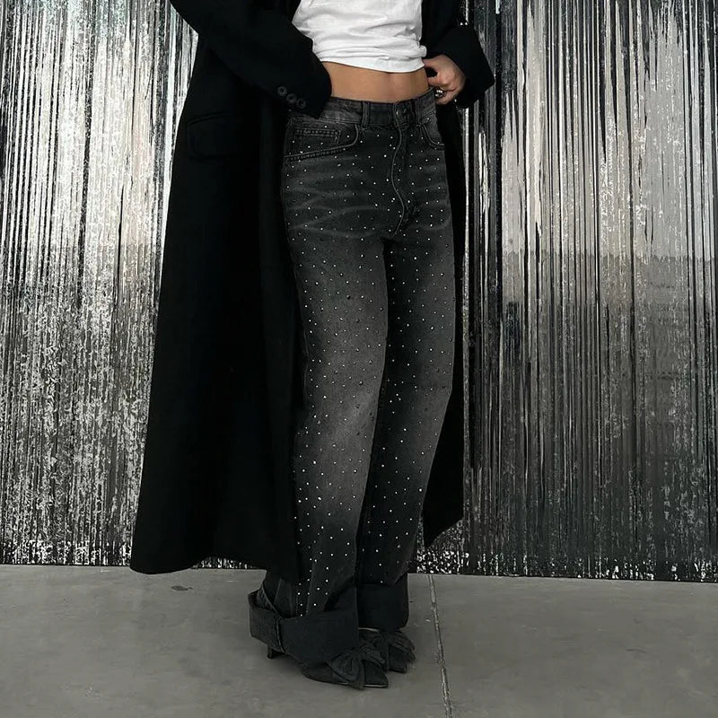 BK Wide Leg High Waist Straight Diamond Rhinestone Baggy Denim