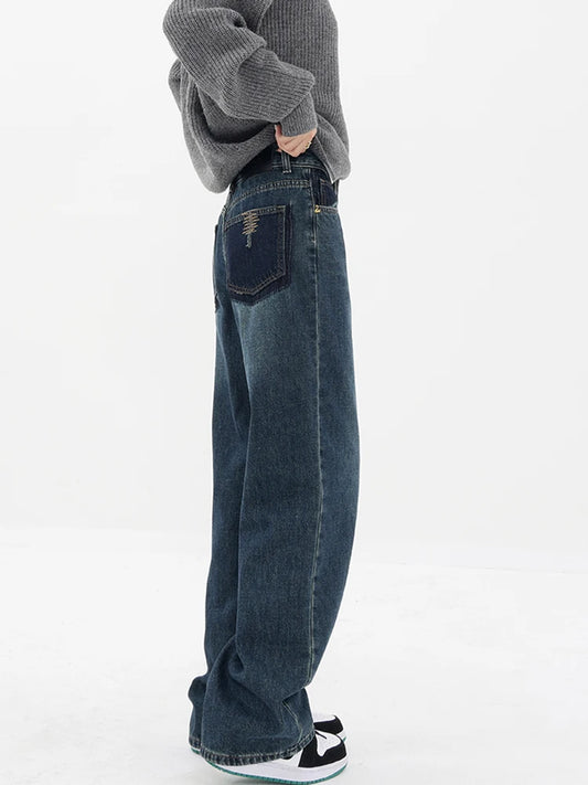 Blue Jeans High Waist Vintage Straight Baggy Denim Pants