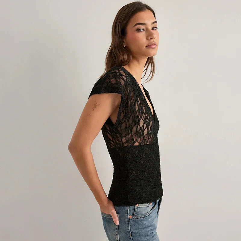Kimich Hollow Out V-Neck Short Sleeves Top