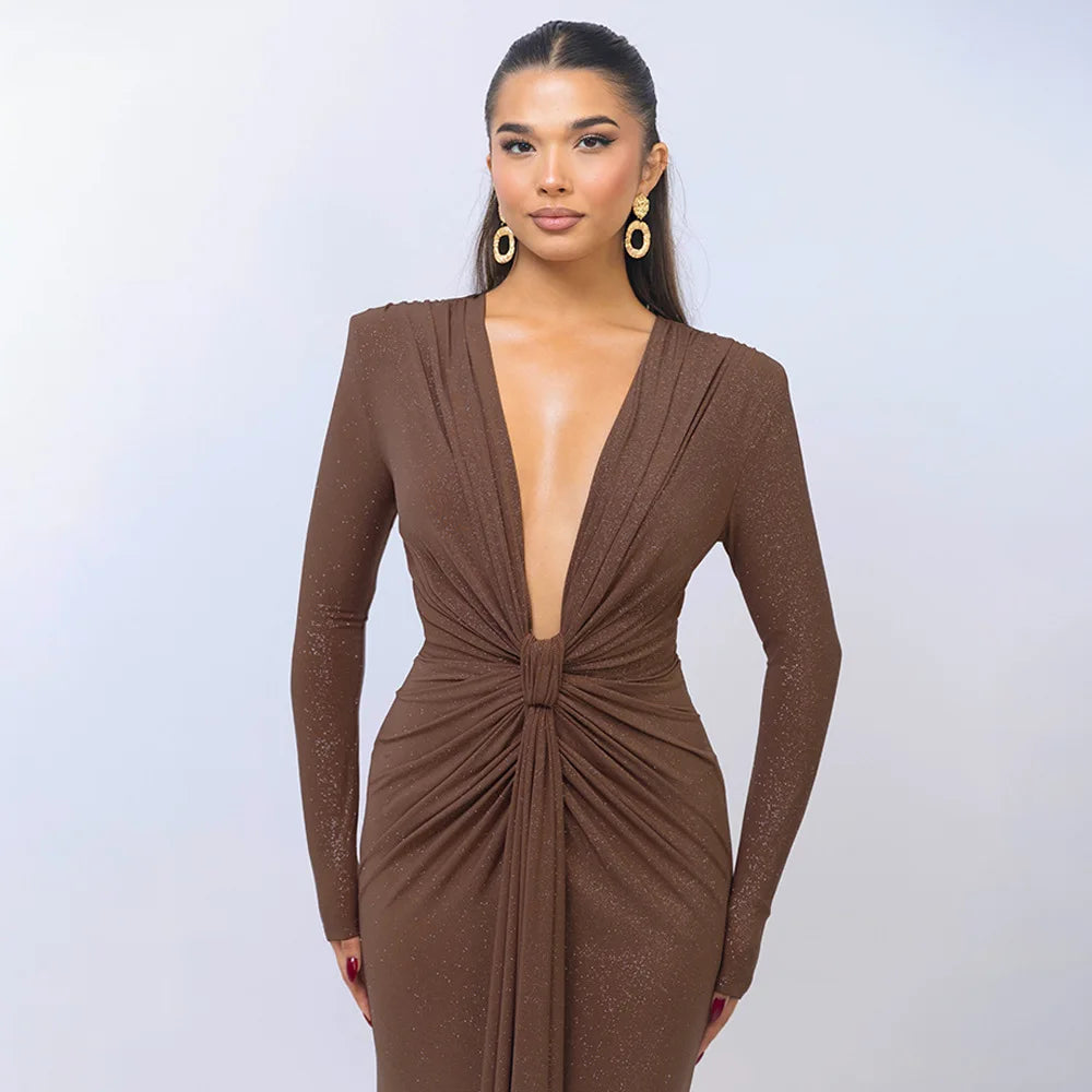 BC Talli Elegant Long Sleeve Elastic Tight  Deep V-Fold Lace Dress
