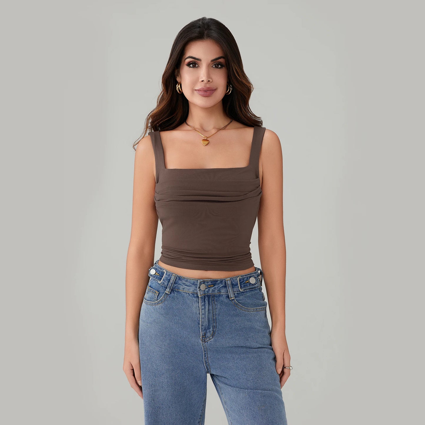 BG Tank Tops Backless Sleeveless Ruched Square Neck Slip Crop Tops