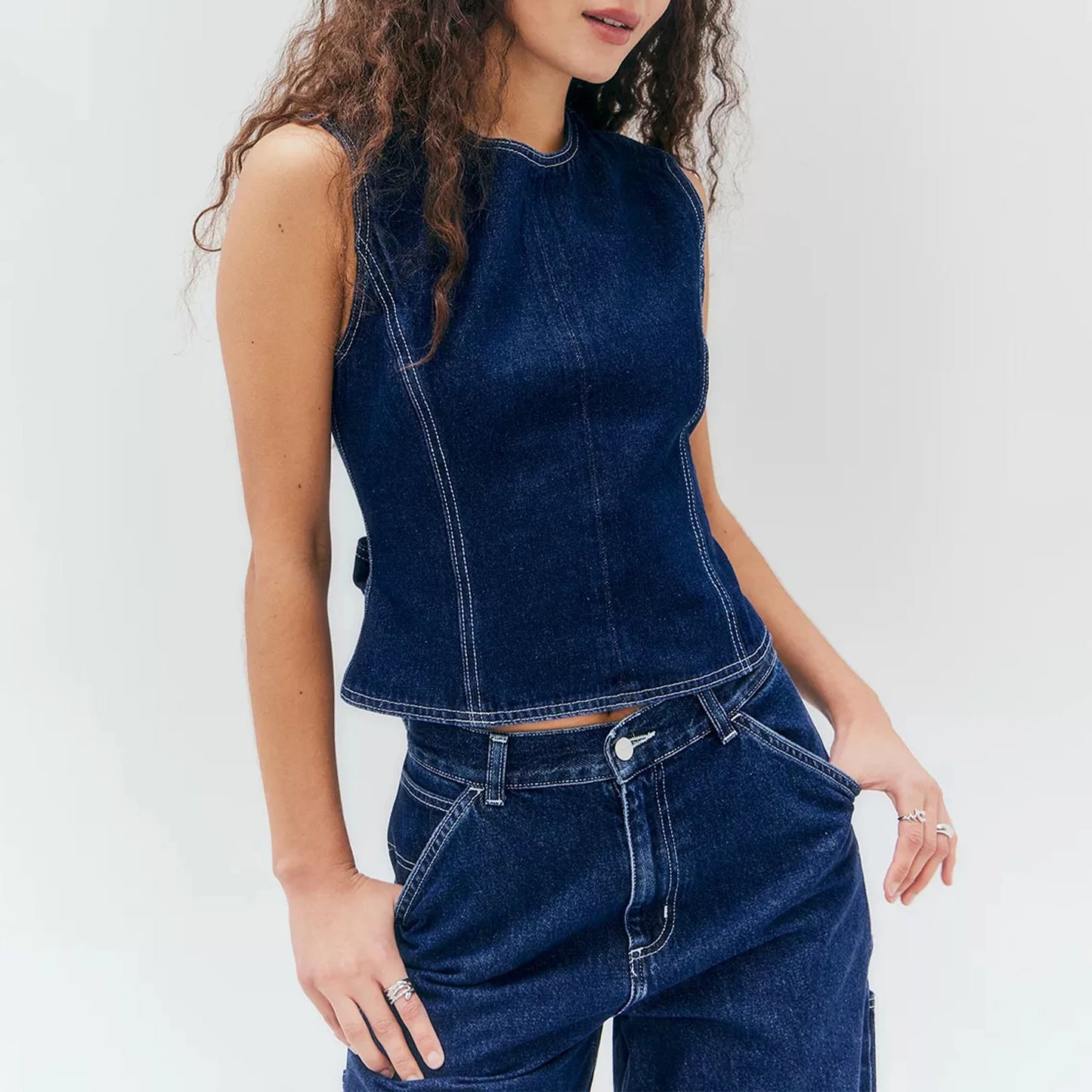 BC Open Back Denim Vest Top High Neck Sleeveless Jeans